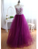Ivory Lace Plum Tulle Elegant Maxi Prom Dress